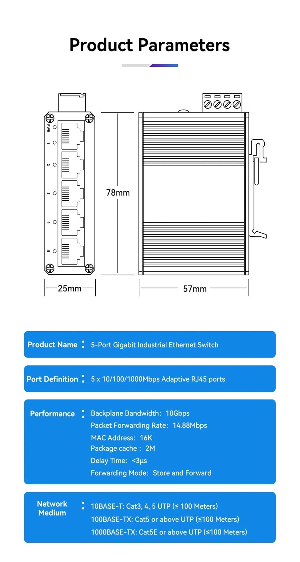 Switch Industriale Gigabit a 5 Porte, Mini Switch Ethernet Industriale da 1000 Mbps Montato su Guida DIN