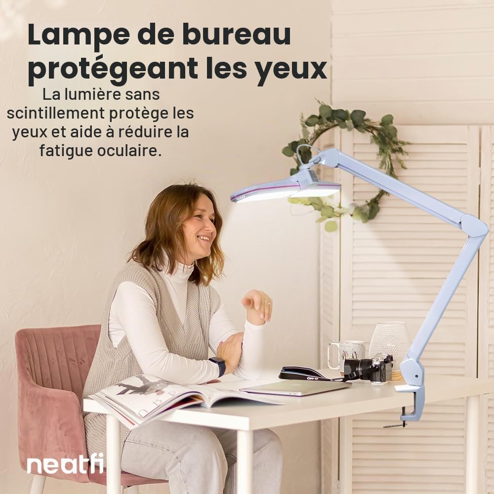 Neatfi Elite HD XL Lampe de Bureau LED | 3 Modes d’Éclairage | Variation Continue de l’Intensité | Bureau à Domicile, Dessin, Institut de Beauté et Établi (Anneau Rose, CCT avec Pince 45 CM)