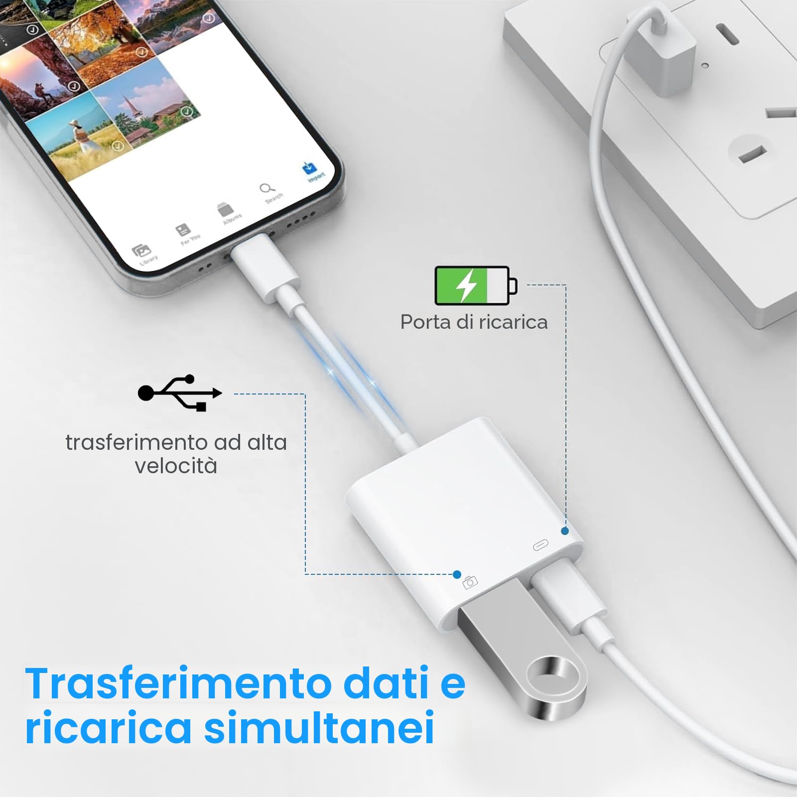 [Certificato Apple MFi] Adattatore Lightning a USB OTG per iPhone 14/13/12/11, Adattatore Fotocamera da Lightning a USB con porta di ricarica, Supporta U Disk, MIDI, lettore di schede, mouse, tastiera