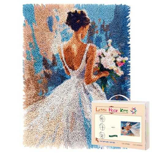 Latch Hook Rug Kit Beautiful Bride Wedding Dress with Flower Pre-Printed Handmade Carpet Crochet Yarn Craft DIY Hook and Latch Door Mat Tapestry for Home Floor Decoration 52x38cm-3