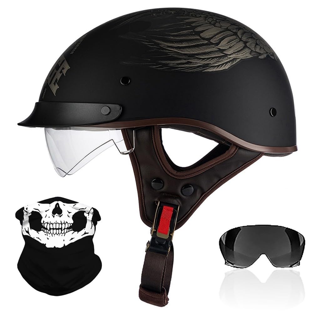 Retrò Mezzo Casco, Adulto Uomini Donne Stile Tedesco Casco a Faccia Aperta, Personalità Harley Caschi Motociclisti, ECE/DOT Certificato, per Scooter Incrociatore Chopper Moto