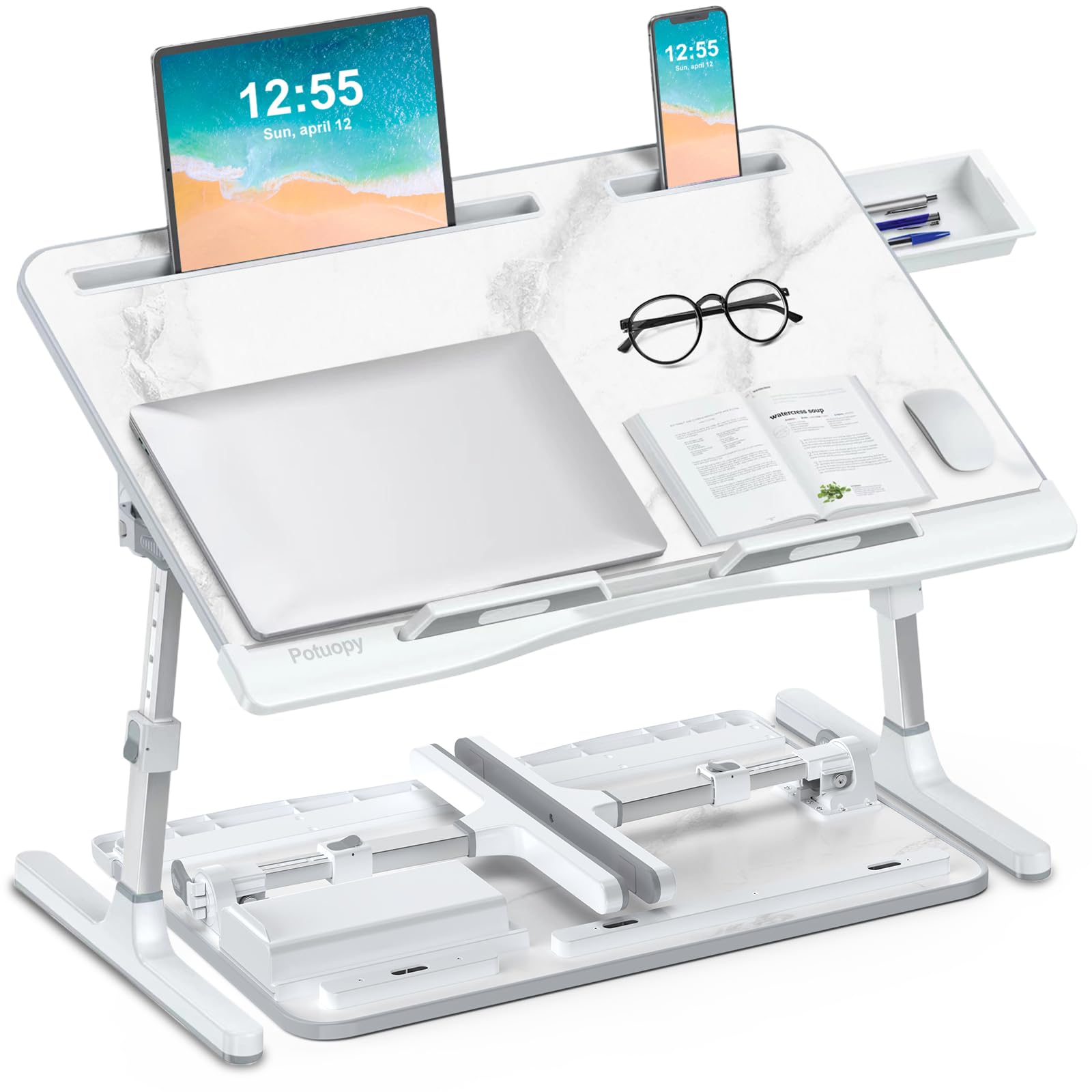 Laptop Stand for Bed, Potuopy Leather Adjustable Height Angle X-Large Bed Desk, Foldable Laptop Bed Table for Working Reading Eating on Bed Sofa Floor (Marble, 60 * 40cm)