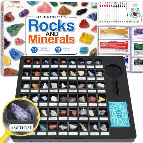 PIBEX Rock Collection Starter Kit - 54 Pcs Assorted Gemstones, Crystals, Rocks & Minerals, with Learning Book & ID Cards, Earth Science Kit Toy, A Geology Gift for Kids & Adults Ages 8+