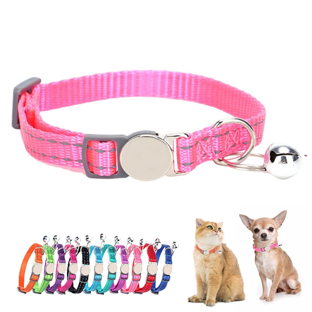 Pink Reflective Cat Collar with Bell, Breakaway Kitten Collar with Bell Safety Soft Nylon Break Away Female Puppy Collar with Bells for XXS Xs Small Tiny Little Girl Pet Dogs, Neck 7-11 inch