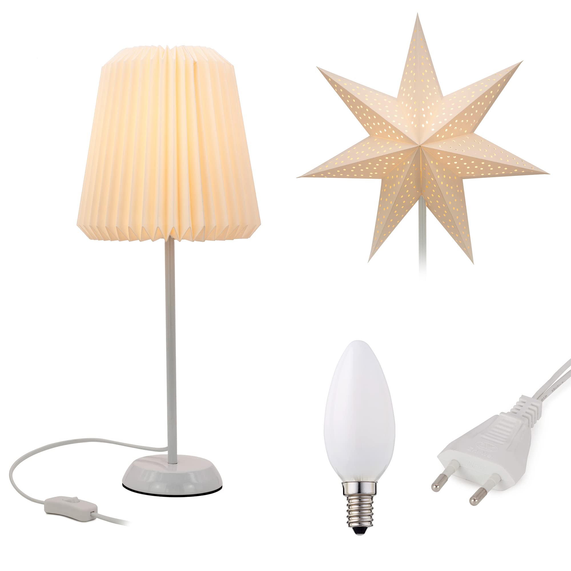 hellum Tischlampe mit Wechselschirm Weihnachten Papierstern order Design Papier-Lampenschirm, Weiß Faltbar Papierschirm mit Fuß aus Metall, Deko Leuchtemit LED-Glühbirne mit Schalter, 578430