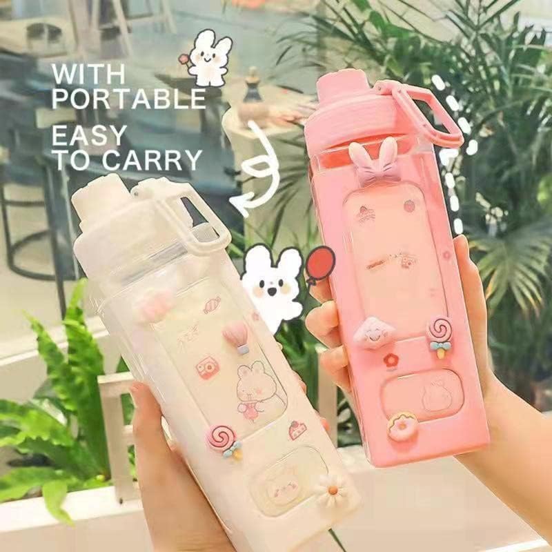 Vista 2 de Kawaii Water Bottle with Straw Cute Large Water Bottles with Kawaii Stickers Aesthetic Leakproof Square Drinking Bottle (Pink)