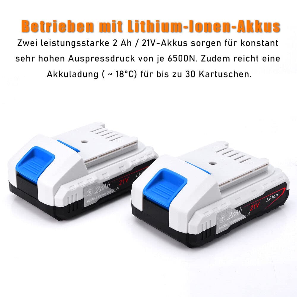 Elektrische cartridgepers, siliconen spuit met 2 accu's (21 V, 2 Ah), 7840N kitpistool met led, 16x afdichtingsmondstuk, 6x reservebasis, 0-32 mm/s, 6 snelheden, voor 600 ml worst, 310 ml cartridge