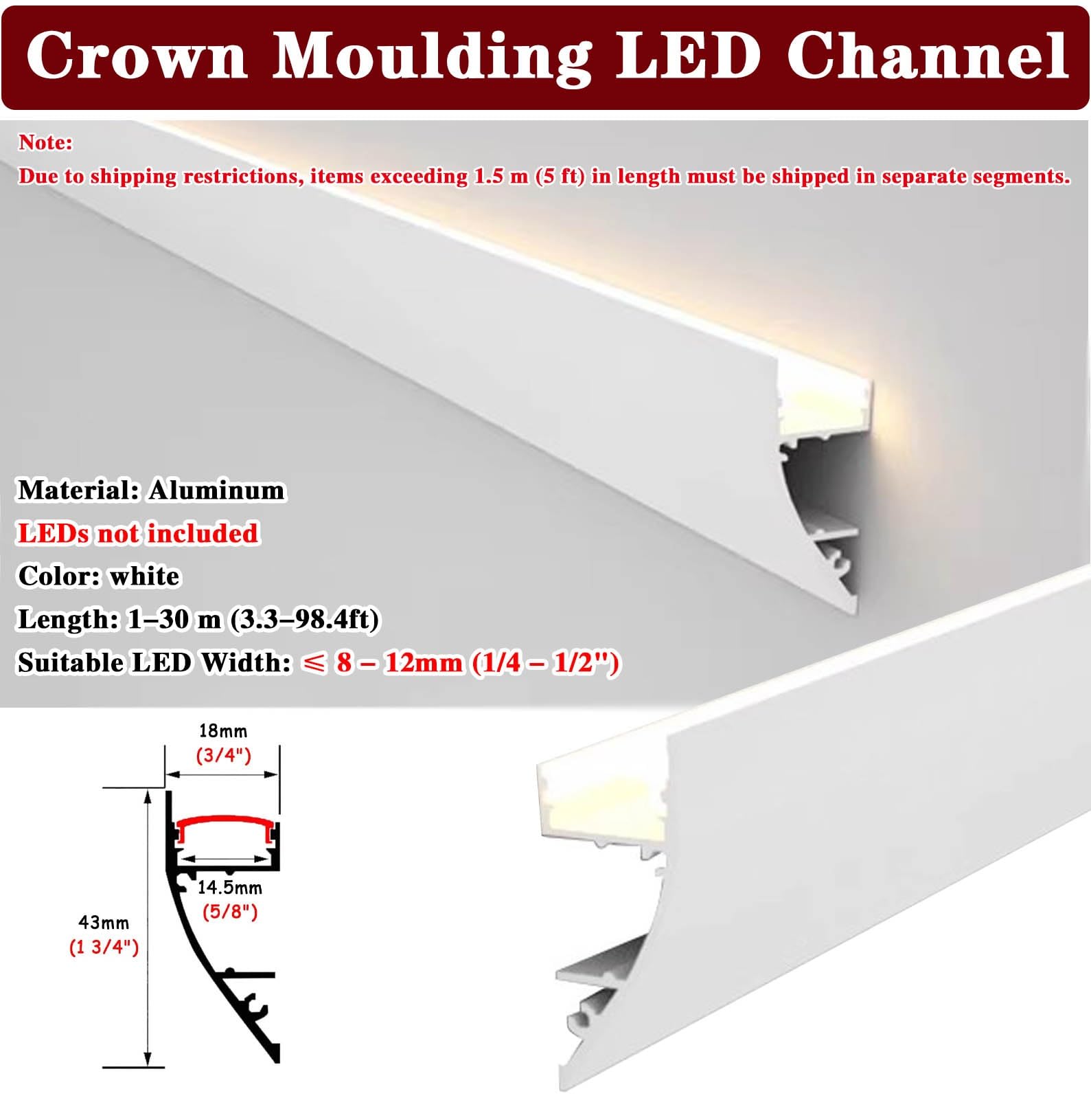Aluminiumprofil für LED-Lichtstreifen, flexible Zierleiste, Wand, Decke, Eckdekoration, indirekte Beleuchtung, 21 m weißer K