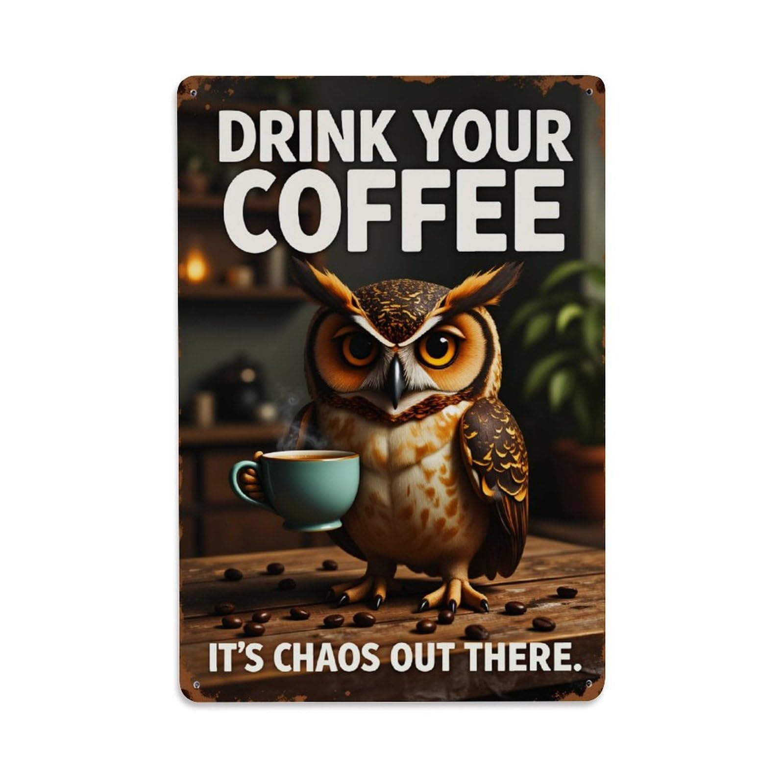 Owl Coffee Cup Chaos Wood Tin Sign Vintage Metal Poster, Home Bar Garage Man Cave Cafe Indoor & Outdoor Wall Decoration 8x12Inches