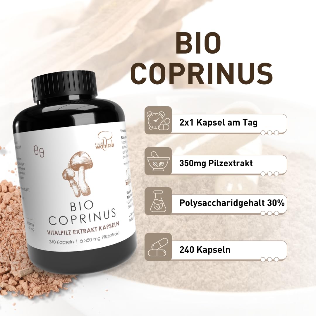 Coprinus Extrakt Kapseln Bio, Reines Schopftintling Vitalpilz Extrakt, Acerola Vitamin C - Bio-Qualität - 240 Kapseln