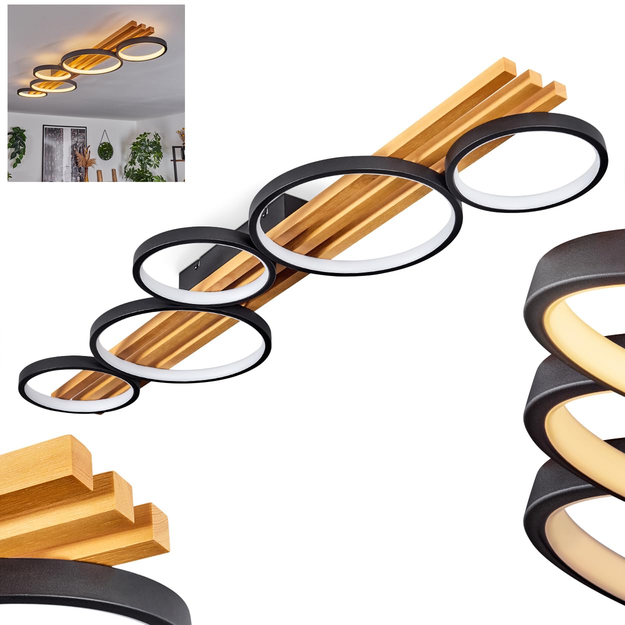 Hofstein Black Led Ceiling Light Rodekro, Dimmable Made Of Metal/Wood/Plastic In /Natural/White, Dimmable Via Conventional Light Switch, Luminaire W. Wooden Beam, Led 50 Watt, 5900 Lumen, 3000 Kelvin