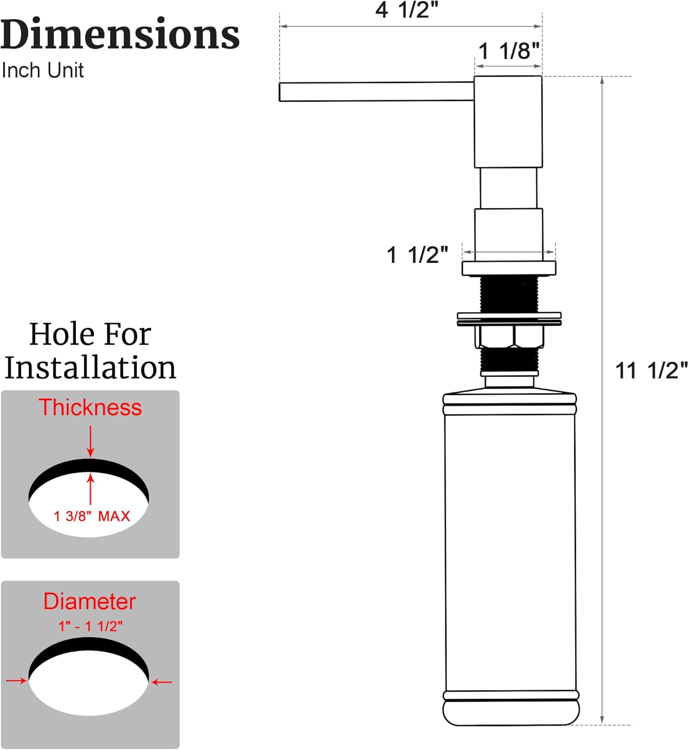 Sink Soap Dispenser for Kitchen Sink (Matte Black), All Brass Built-in and Refill from Top Design,Metal Hand Soap & Dish Soap Copper Pump - Image 3