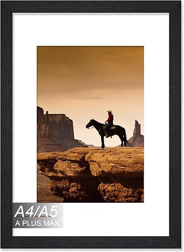 A PLUS MAX Marco A4 negro, marco de madera de ingeniería, tamaño A5 con paspartú o A4 sin paspartú, marco A4 con grano de madera para foto de 8.3 x