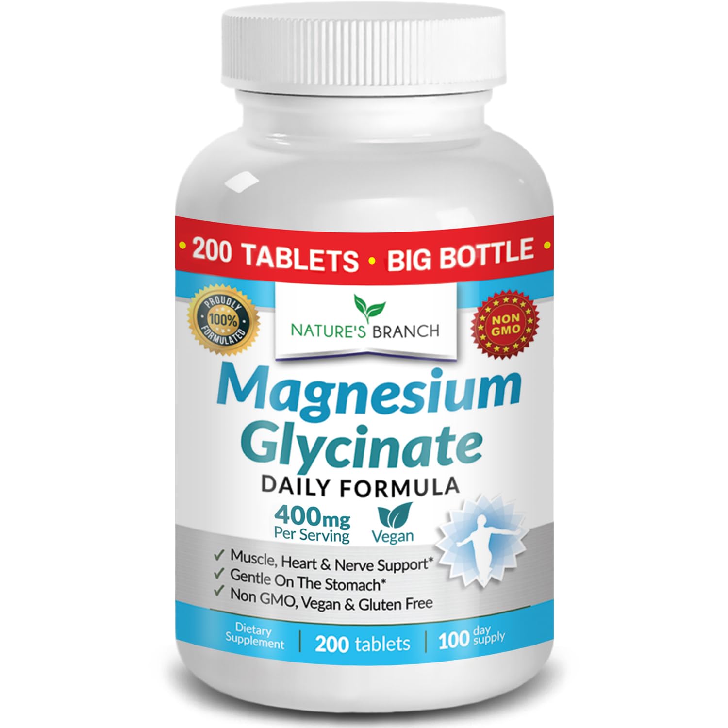 Magnesium Glycinate 400mg | 200 Tablets | High Absorption Mag Supplements for Sleep, Leg Cramps, Heart, Muscle, Calm | Non Buffered Bisglycinate, Extra Strength for Women and Men, Tablets Not Capsules