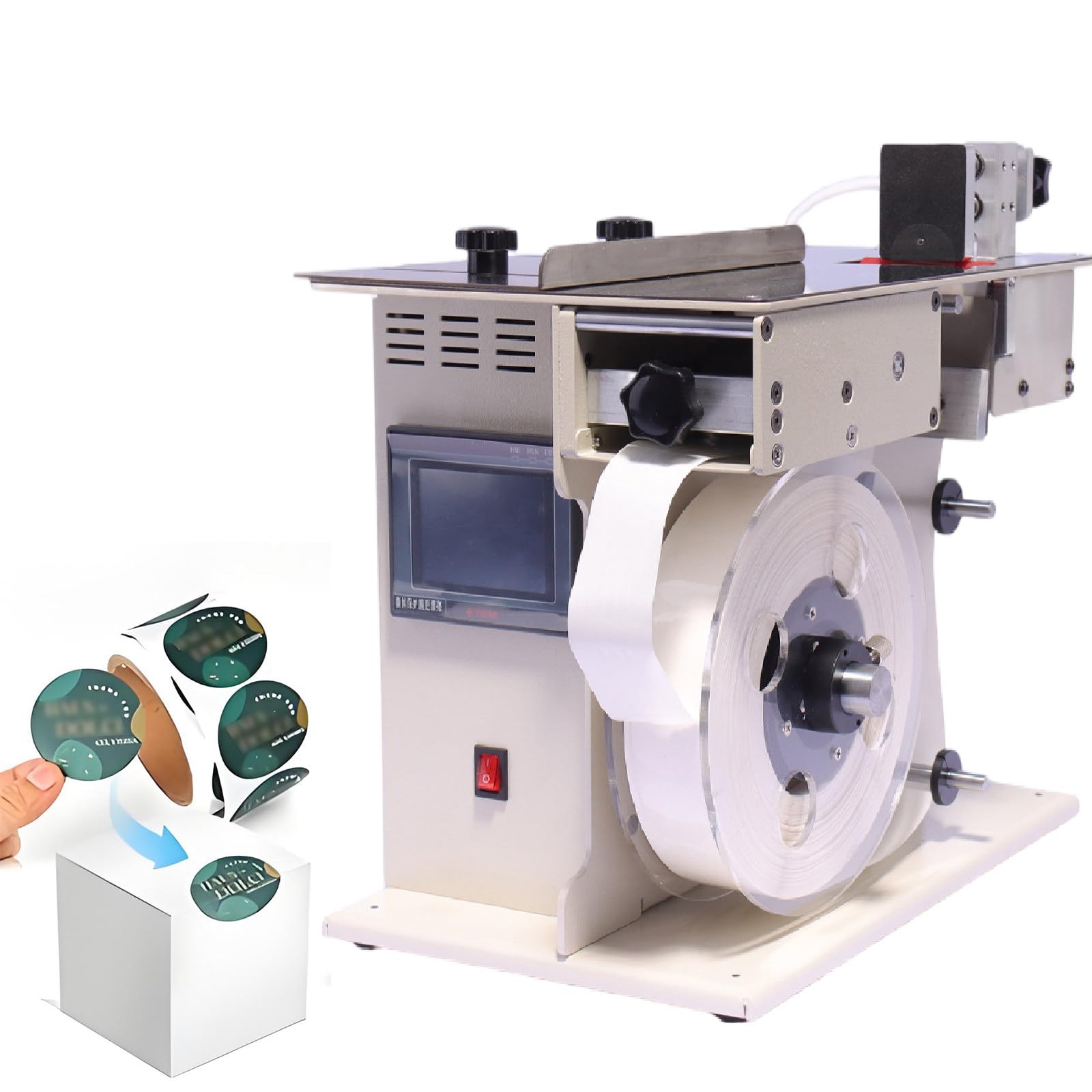 Applicatore di etichette ad angolo retto, etichettatrice semiautomatica per un'applicazione fluida sugli angoli, ideale per elettronica, bottiglie di vetro e altro ancora