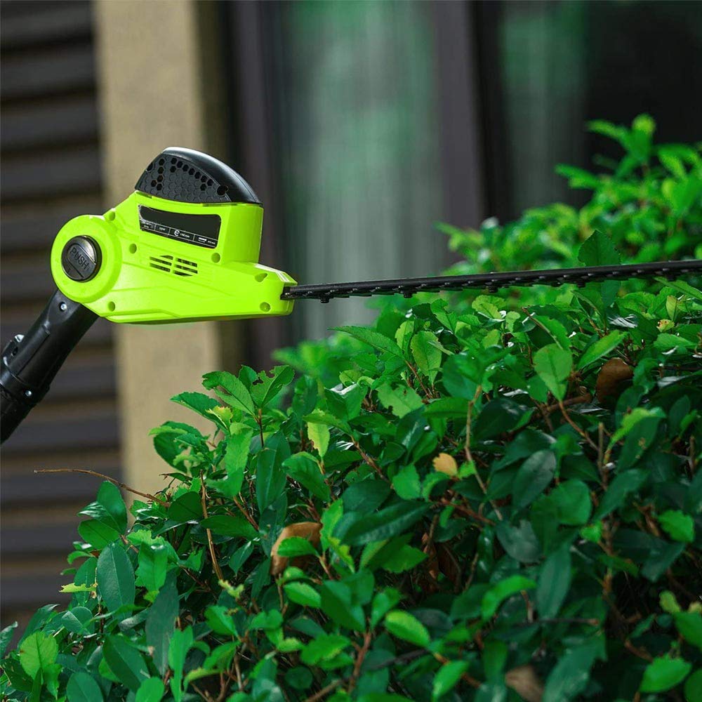 BAKAJI Cortasetos telescópico eléctrico con barra extensible, corta setos hoja 41 cm con inclinación, hoja ajustable mantenimiento jardín, cortabordes desbrozadora (700 W con motosierra 2 en 1)
