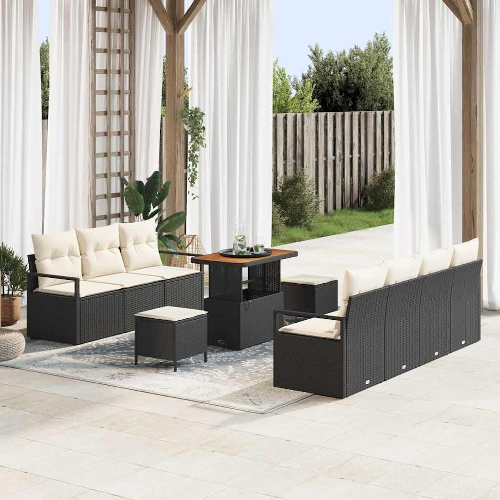vidaXL Conjunto de sofás de jardín 10 uds. Negro ratán sintético | Organízalo a tu manera, Incluye suaves cojines en color crema para relajarte al máximo,