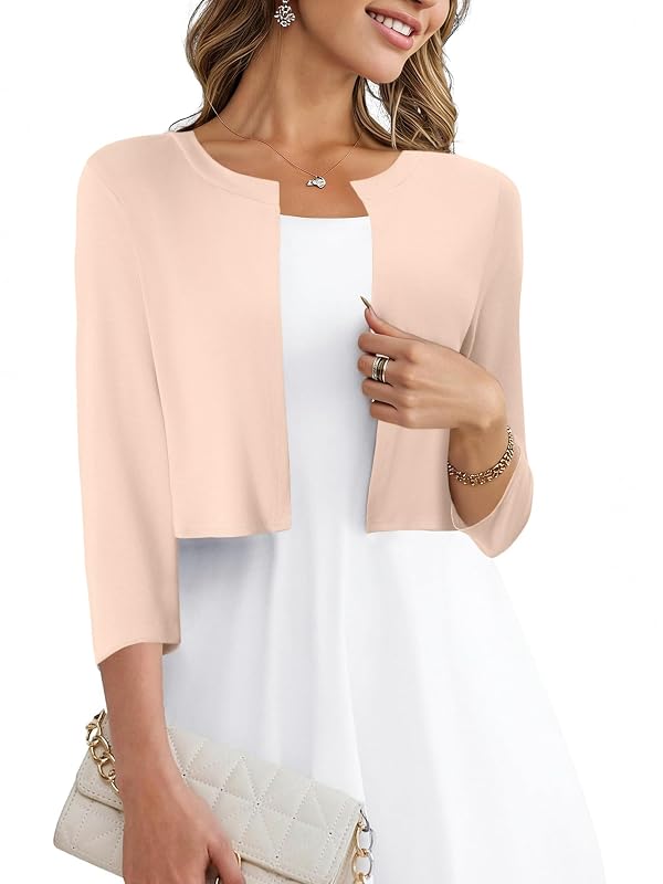 CRAZY GRID Shrugs for Womens Dressy 3/4 Sleeve Basic Business Work Cardigans Open Front Lightweight Cropped Sweaters Apricot XX-Large by CRAZY GRID - Used condition - US$13.87
