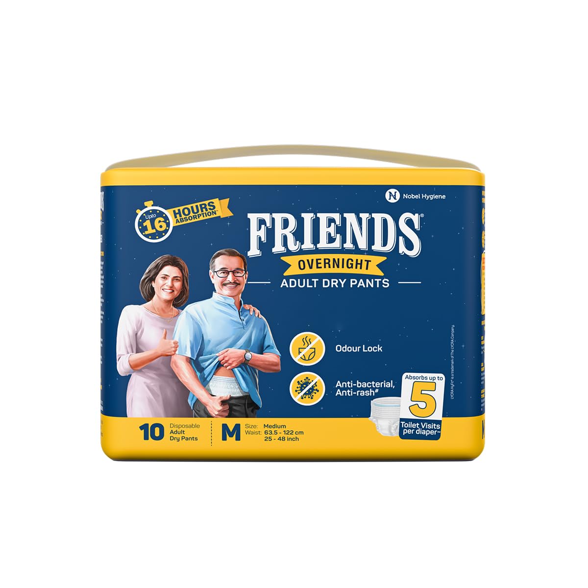 Friends Overnight Adult Diapers Pant Style |10 Count (Medium) | Waist 25-48 inch; 63.5-122 cm with odour lock | Unisex | Leakproof, | Elastic Waist and Anti-Bacterial Absorbent Core