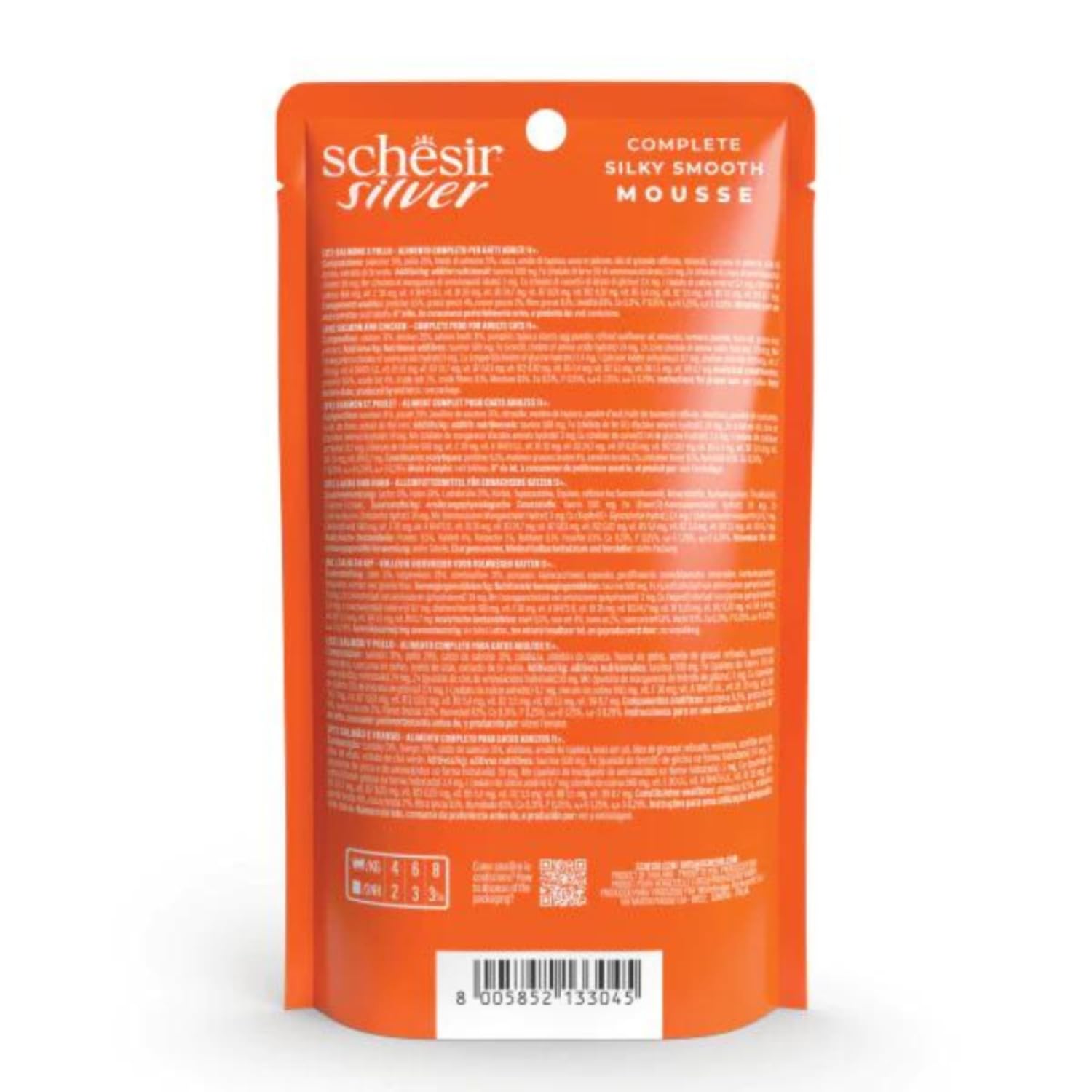 Schesir Silver, Salmón y Pollo En Mousse, Alimento Húmedo Completo para Gatos Mayores, Sin Cereales, Apoya El Sistema Inmunitario, Rico En Hidratación, 12 X 80g (Paquete de 3)