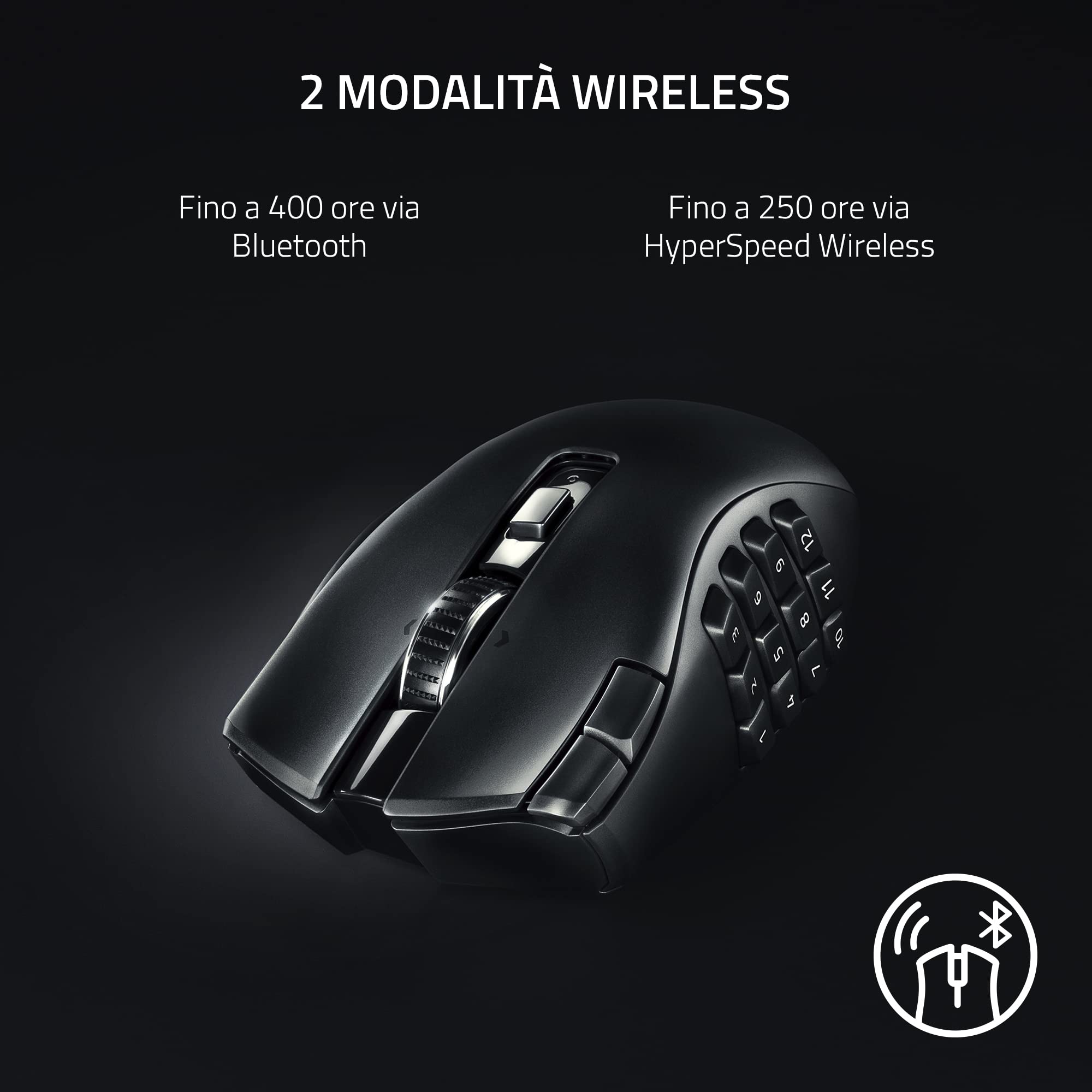 Razer Naga V2 HyperSpeed - Mouse da Gioco MMO Wireless Ergonomico (19 Pulsanti Programmabili, Hyperspeed 2,4 GHz, Fino a 250 Ore Di Durata Della Batteria, Sensore Ottico Focus Pro 30K) Nero
