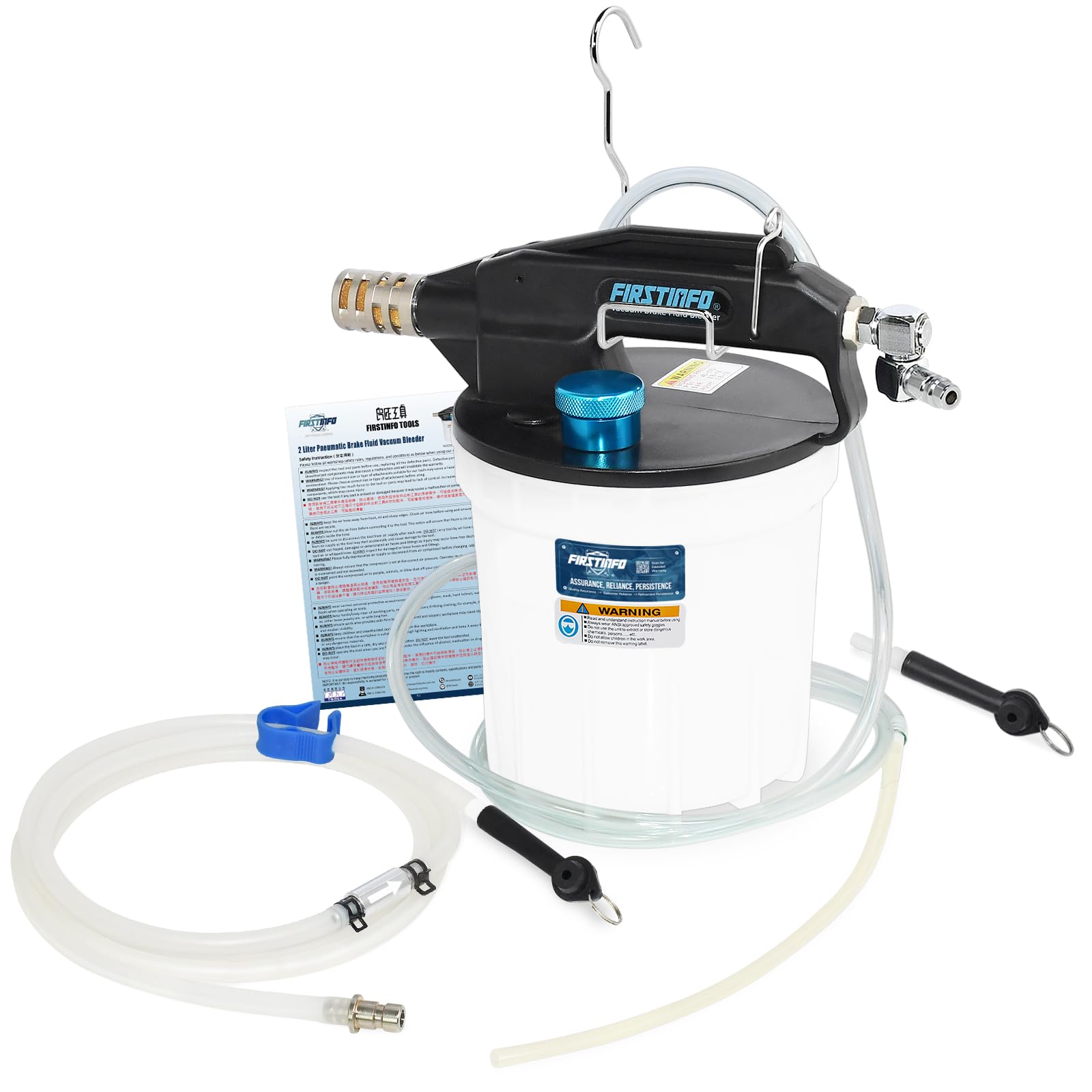FIRSTINFO Purga de Frenos Neumática 2L, Kit de Purga de Líquido de Frenos con Tubo Silicona 1,5m, Válvula Anti-Retorno, Universal Coche y Moto, A1151EU