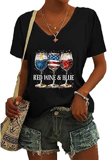 Generic Red Wine and Blue Shirts for Women 4th of July Shirts with Wine Glasses Flag, Large