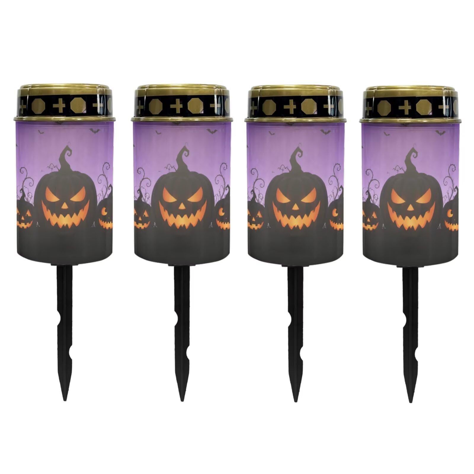 Poceacles Outdoor Solar Powered Cemetery Lights Grave Outdoor Stake Lights Garden Solar Lantern Flameless Candles Halloween Garden Decoration, Pumpkin Bat Print Violet, Pack of 4