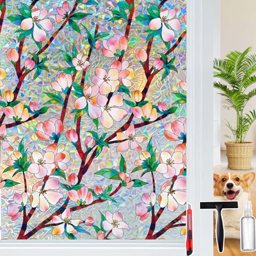 Rainbow Window Privacy Film Decorative Window Sticker, 3D Static Stained Glass Cling Tint for Home Heat Control Non-Adhesive, 23.6 x 78.7 inches