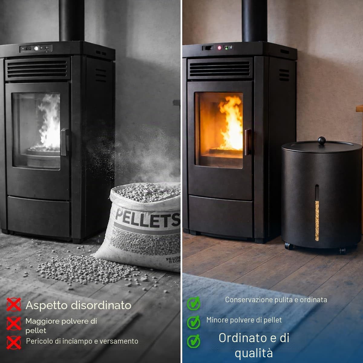 MS Beschläge Contenitore per pellet con rotelle, rotondo, ø 38 cm, nero, rivestito in metallo, altezza 50 cm