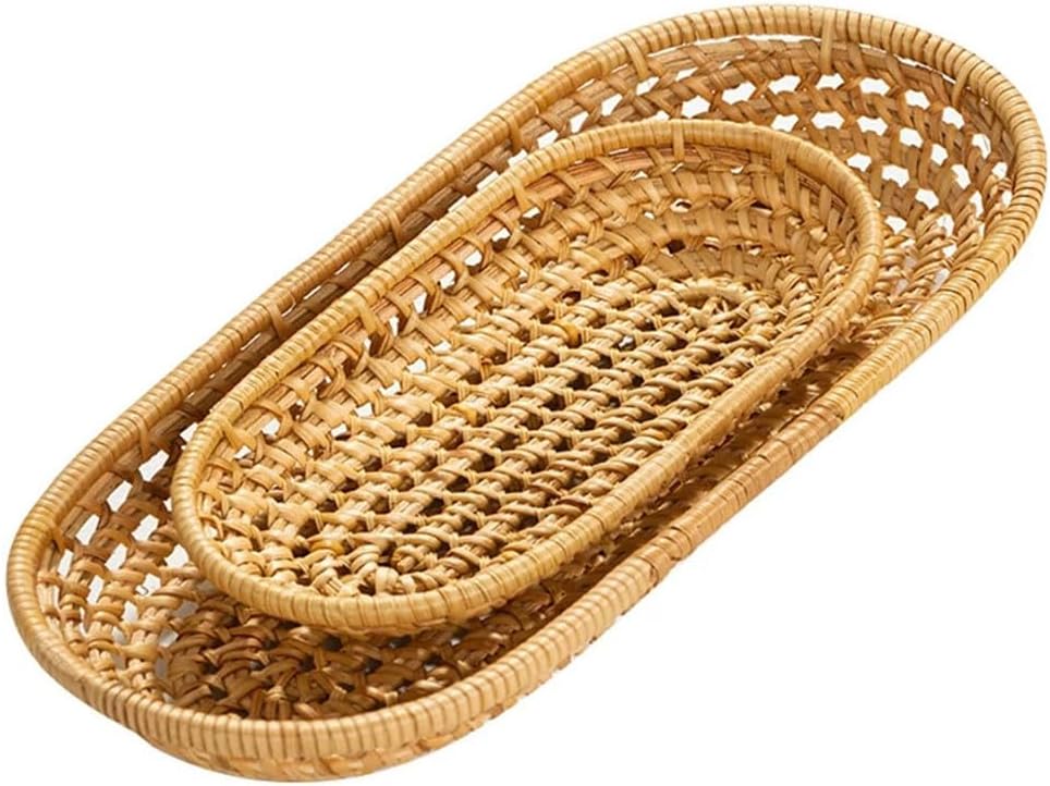 YZZY Rattan Bread Baskets for Serving, Wicker Fruit Basket, Handwoven Storage Serving Basket for Home Decor (Ellipse/S + L)