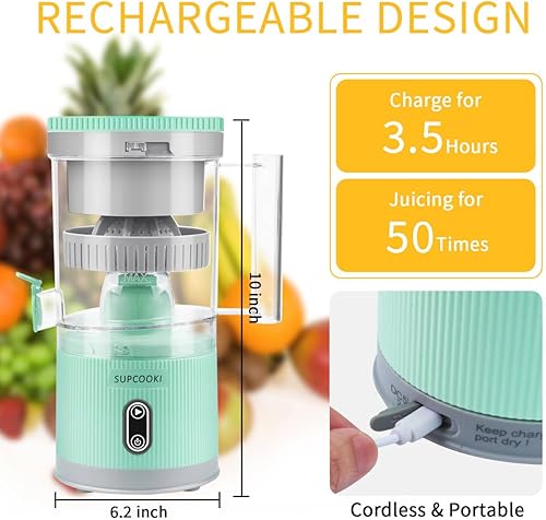 Miniatura 2 de Exprimidor eléctrico recargable de cítricos – Exprimidor automático con botón táctil, cable USB y cepillo de limpieza | Portátil para naranja, Verde