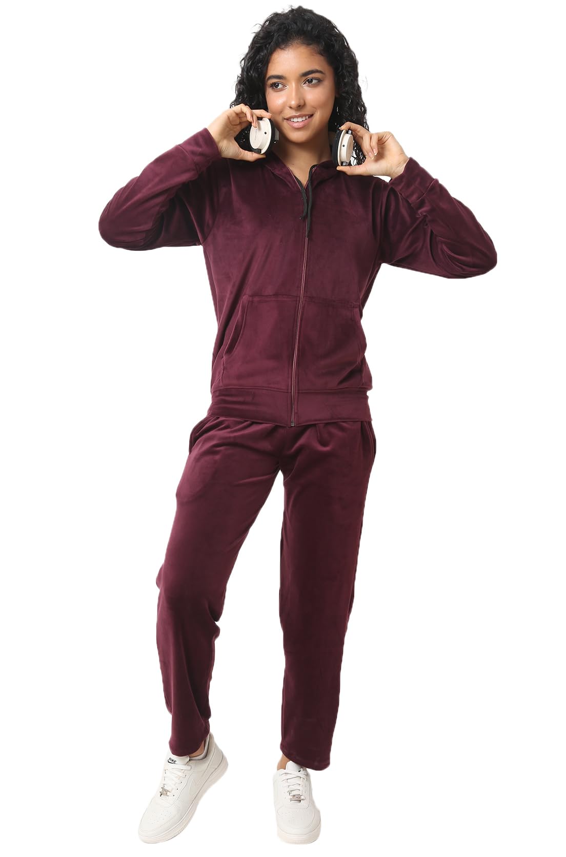 Woollen Velvet hooded track suit/Co-ord Suit for Girls & Women/Tracksuit with Full Sleeves Front Zipper for Sports, Night-wear, Jogging, Daily Use & Gym-image-15