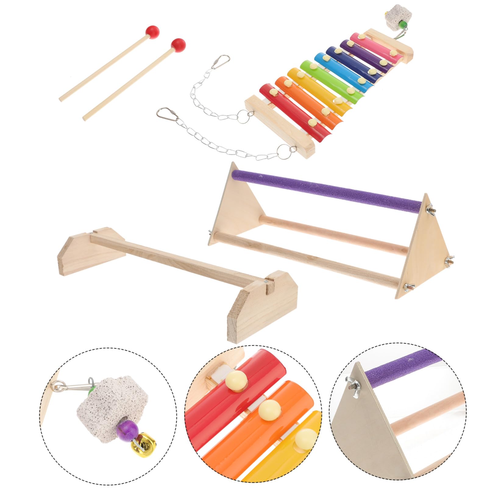 Juego de Accesorios para Aves Soporte de Madera para Pájaros, Barra de Madera para Descansar y Escalera para Gallinero, Adecuado para Relajación y Juego