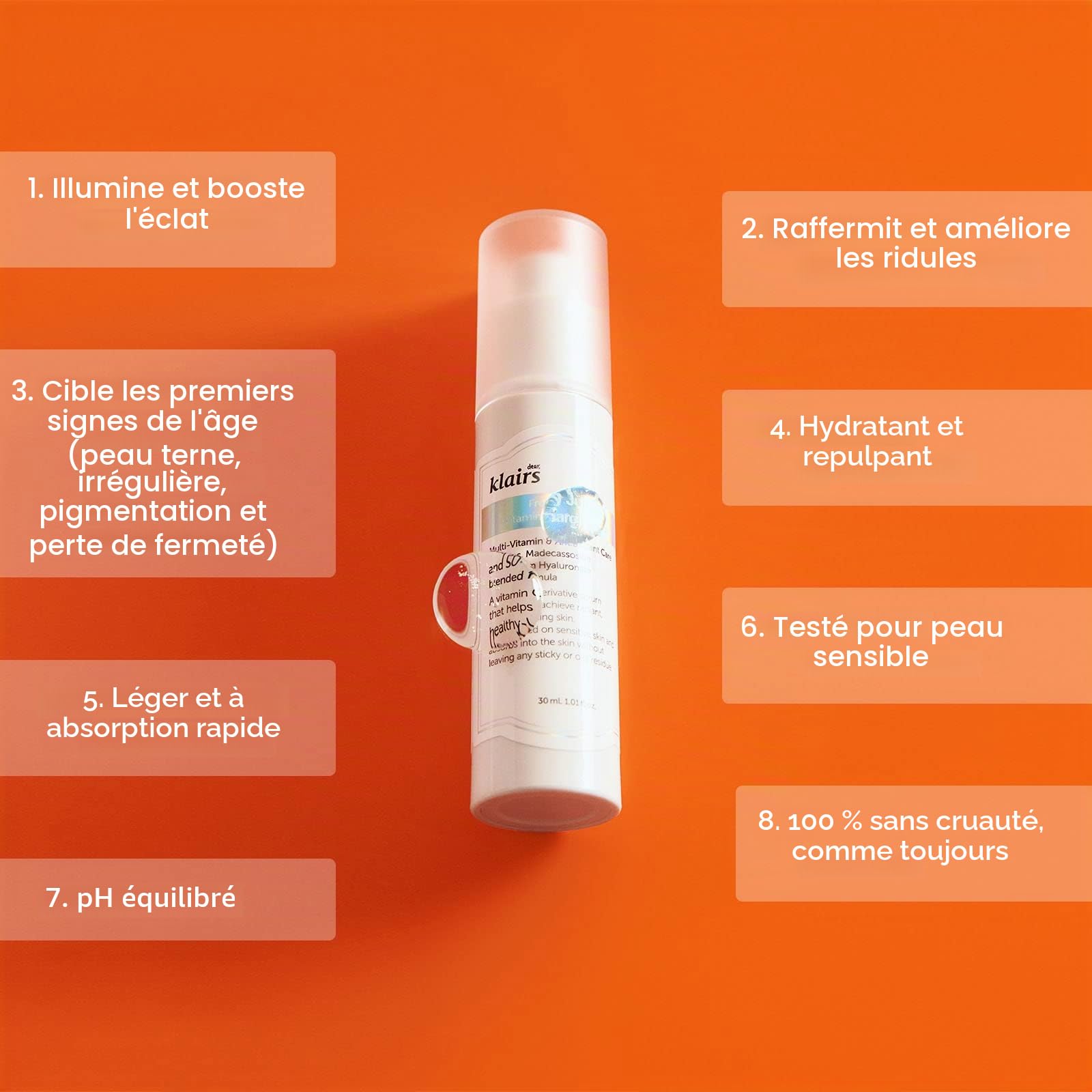 DearKlairs Sérum vitaminé fraîchement pressé, soin coréen, acide 3-O-éthyl ascorbique 10%, niacinamide, texture non grasse pour peaux sensibles