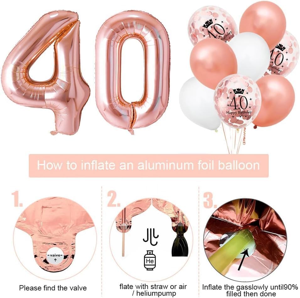 40th Birthday Decorations for Women Rose Gold, Happy 40th Birthday Banner, 40 Number Balloon, Heart Balloons, Round Latex Balloons, Cake Topper, Rose Gold 40 Party Decorations Supplies Set for Women - Image 5