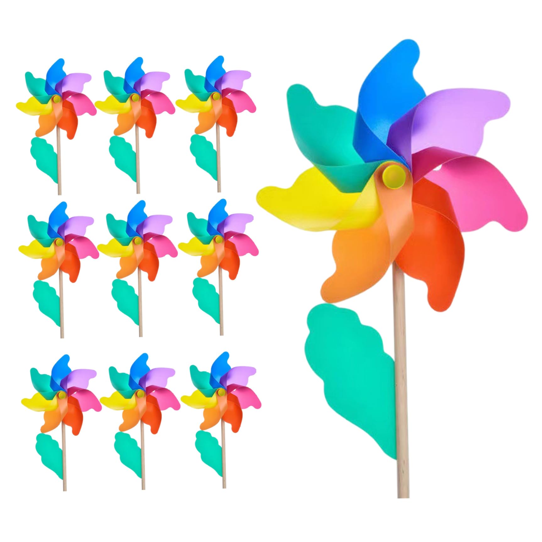 Molino de viento de plástico colorido de 7 pulgadas para niños con poste de madera de 15.8 pulgadas, 10 molinillos para patio y jardín.