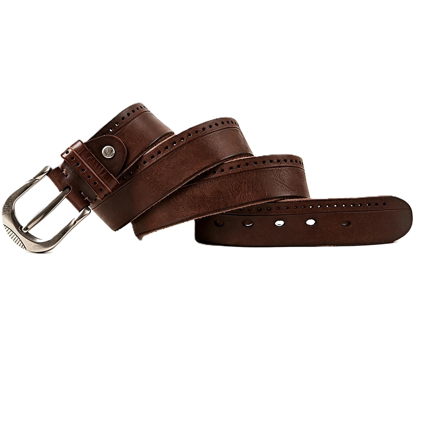Agutalithic Men's Coffee Wo Belt Distressed Strap-Full-Grain Leather, Durable Cowhide | Engraved Solid Buckle, Handmade, Daily Wear(120Cm/47, )
