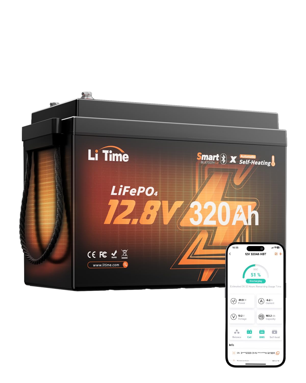 LiTime 12V 320Ah Mini Self-Heating LiFePO4 Battery for RV Solar Marine