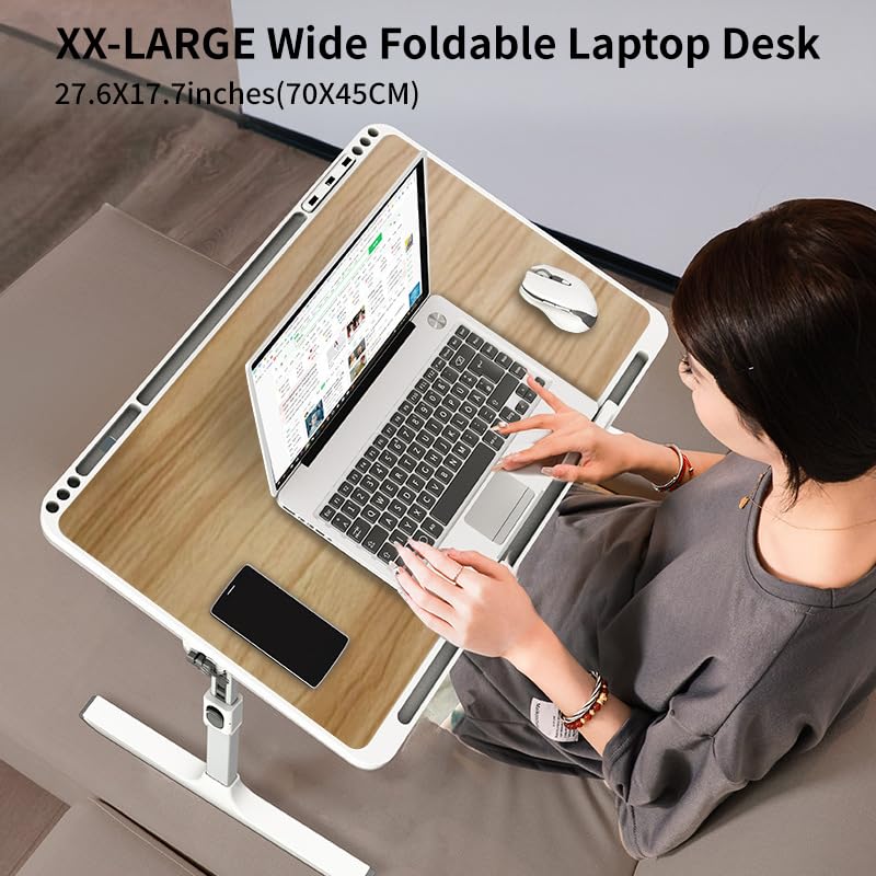 Faltbarer Laptop-Schreibtisch, Holzmaserung, große Fläche, Größe XXL, 70 x 45 cm, 8 Höhen und Winkel, verstellbarer Betttisch, Lerntablett, Laptop-Ständer für Bett, Couch, Sofa mit 2 Stoppern
