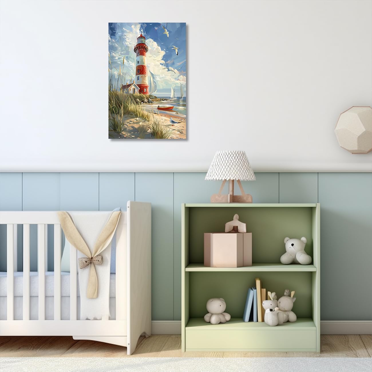 ZQQART Leinwandbild Leuchtturm Ozean rote Streifen Küstenbild Gemälde Strand Boot Möwen Kunstwerk Heimwanddekoration 60x90cm
