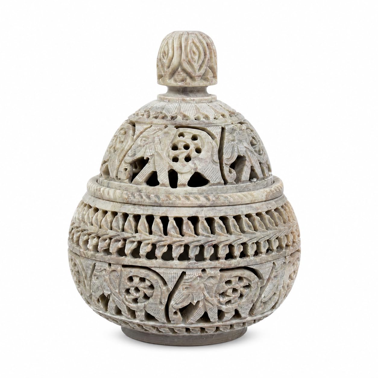 Carved Filigree Stone Handicraft Soapstone Tea Light Candle Holder Handi Shape Handmade Jaali Decorative Home and Office Decor | White | 4 Inch-image-27