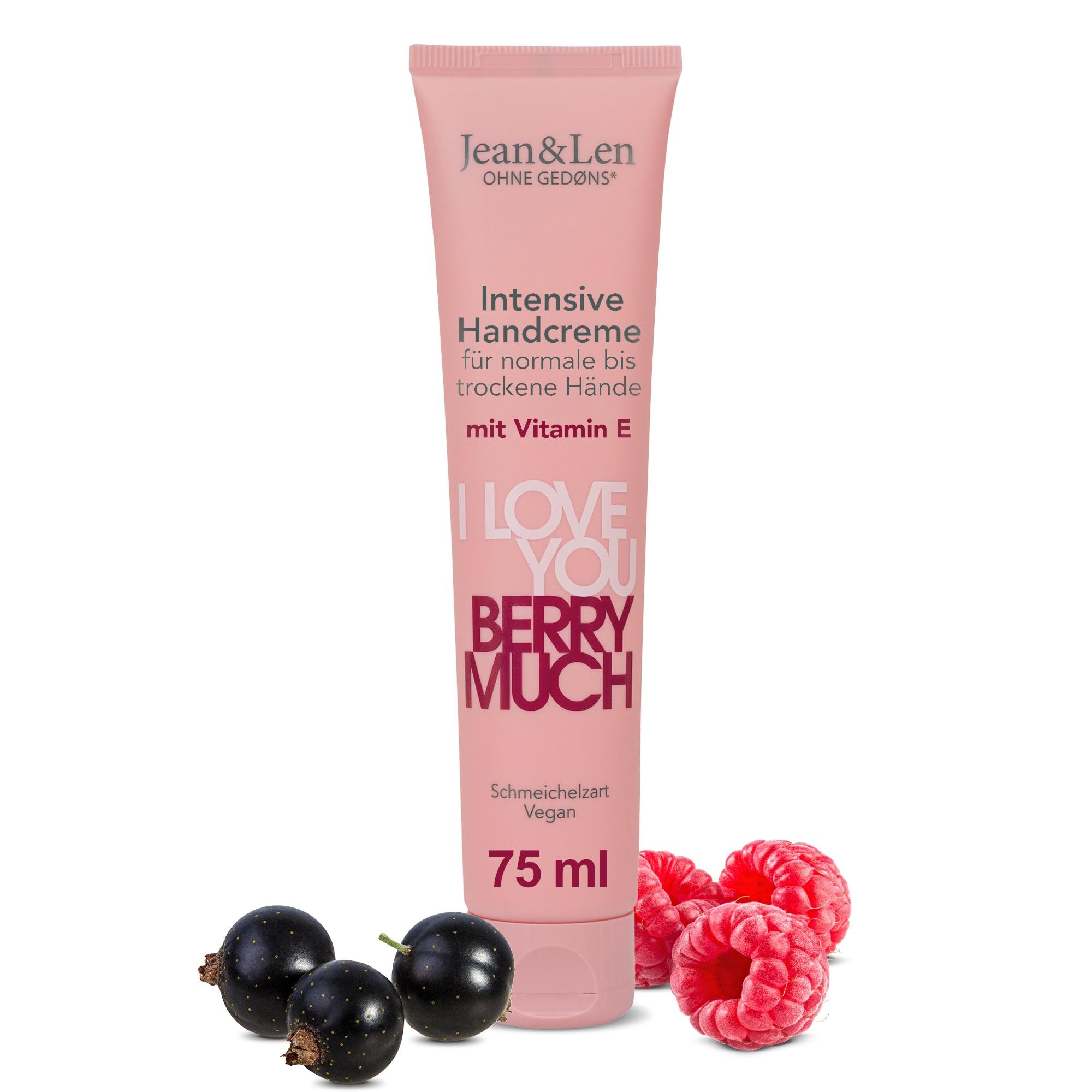 Jean & Len Handcreme I Love You Berry Much, für normale bis trockene Hände, versorgt die Hände mit Feuchtigkeit, zieht schnell ein, vegane Handpflege, ohne Parabene & Silikone, 75 ml
