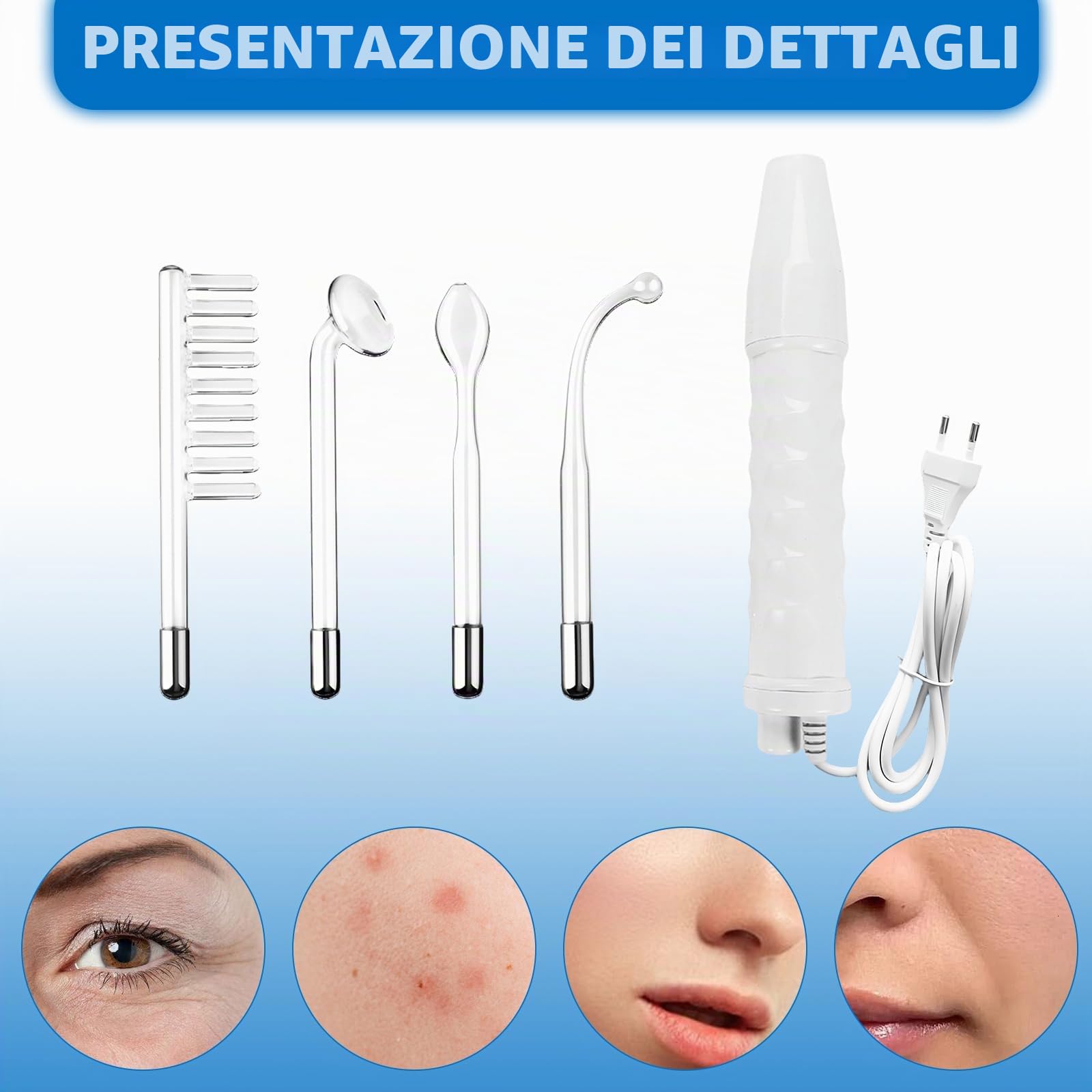 Dispositivo di Bellezza ad Alta Frequenza Viso, con 4 Sonde, High Frequency Wand, Radiofrequenza Viso, Dispositivo per Il Trattamento dell'acne, per Rimozione dell Pelle Rughe Linee Sottili