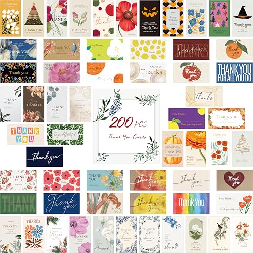 Gethelud 200 Tarjetas de Agradecimiento, 60 Diseños Delicados para Todas las Ocasiones, Tarjetas Pequeñas de Agradecimiento para Regalos de Empresa, Fiestas, Bodas y Cualquier Ocasión (5cm x 9cm)