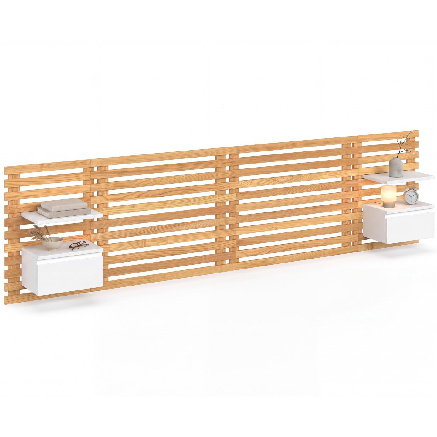 IDMarket - Cabecero de lamas AVA con mesillas colgantes 240 CM madera clara y blanco