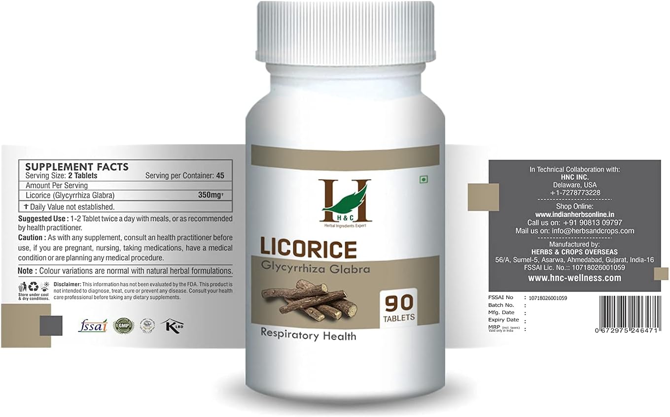 H&C Licorice Tablets (Glycyrrhiza Glabra) 350mg, 90 Tablets for
