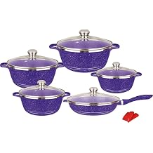 cooking pot, non-stick cookware set, cooking pots and pans with glass lid, marble coated aluminum home kitchen utensils, saucepan, frying pan, stock pot, 10 pcsdeep purple variety pack vision