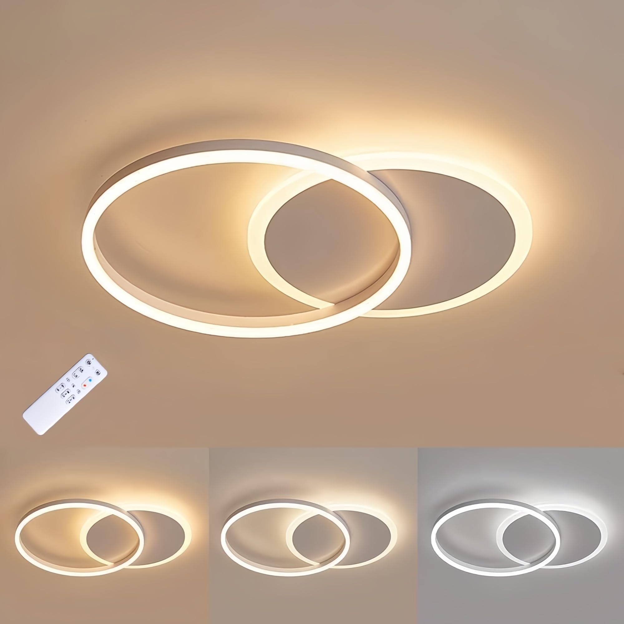Plafoniera LED Soffitto 36W, Plafoniera LED Dimmerabile 3000K-6000K | lampadario camera da letto con Telecomando, lampadario soffitto moderno, Alluminio, Salone da Due Cerchi, luci soffitto