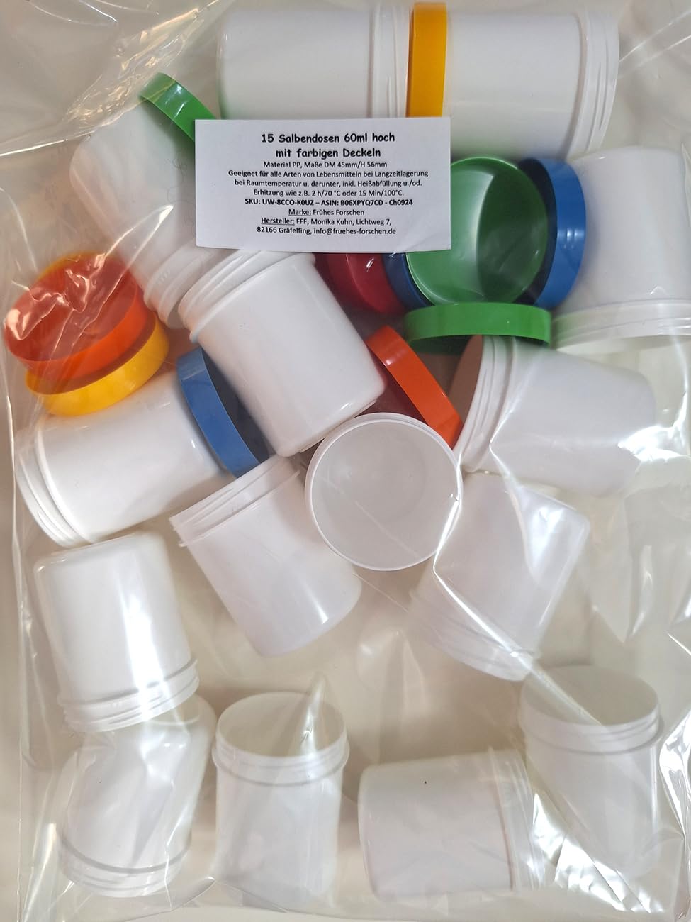 15 Salbendosen 60 ml hoch mit farbigen Deckeln
